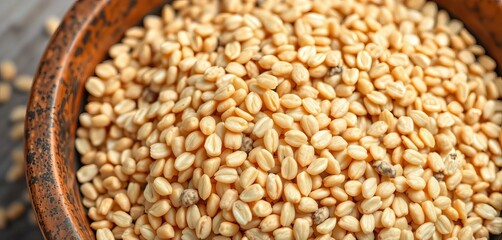 Obraz premium Close-up of raw buckwheat groats in a rustic bowl, ingredient, healthy