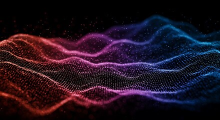 Naklejka premium Futuristic digital wave of glowing particles in a vibrant gradient, representing abstract technology and data flow