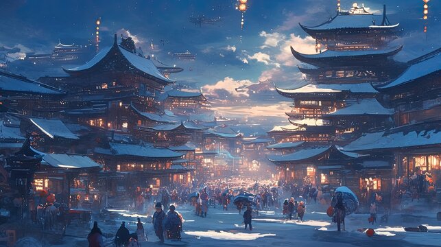 A bustling traditional town at dusk with illuminated pagodas and people walking in the snow