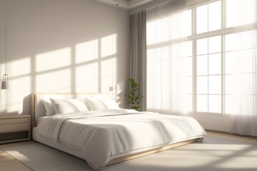 Fototapeta premium Modern and minimalist bedroom with a large window letting in abundant natural light, creating a peaceful and relaxing atmosphere