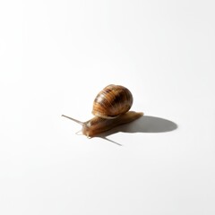 A garden snail gliding on a plain white surface under a natural light, showcasing its delicate shell and antennae with a soft shadow creating depth, promoting a sense of nature and tranquility .