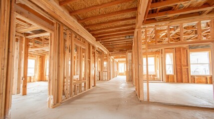 Interior Framing of Residential Home Construction with Lumber and Studs Ready for Build-Out