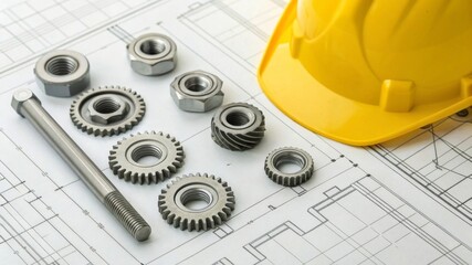 Engineers organizing metallic nuts bolts and gears on blueprint paper with yellow helmet nearby precision engineering closeup workshop environment top view mechanical concept