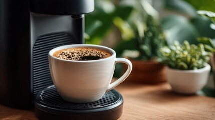 Close-up of Freshly Brewed Coffee in White Ceramic Mug with Coffee Maker and Plant Background
