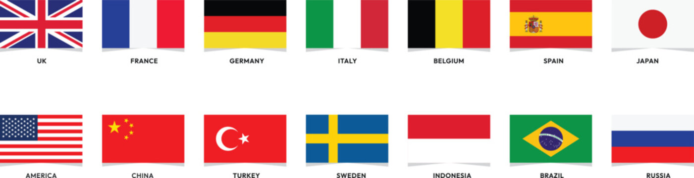 flag  set. National flags icons vector, main flag languages set. UK, Germany, USA, Russia, China, France, japan, italy, turkey, brazil, sweden, indonesia... Isolated rectangle transparent background.