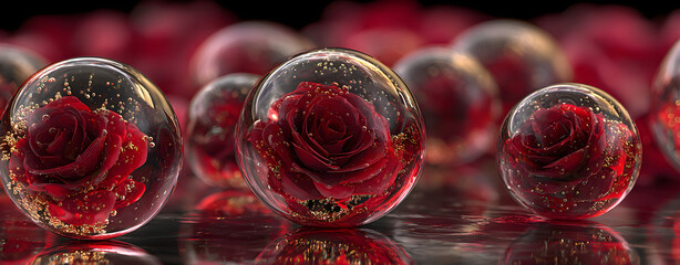 Black roses suspended in crystalline spheres glowing red, HDR reflections with soft haze, symmetrical balance