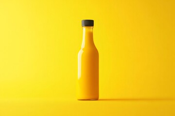 Yellow condiment bottle resting on a vibrant yellow backdrop, creating a striking and minimalist visual composition