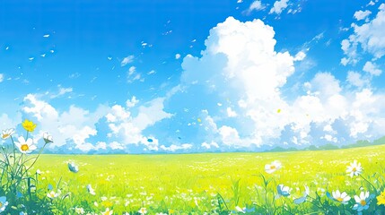 Vibrant Meadow Under a Bright Blue Sky with Fluffy Clouds