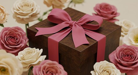 An elegant brown gift box tied with a beautiful pink satin bow, surrounded by a romantic arrangement of delicate blooming roses for a special celebration