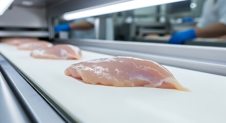 Chicken Breast Processing on a Modern Food Production Line.