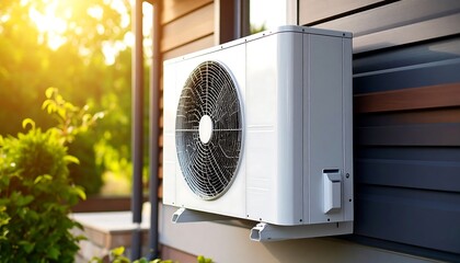Outdoor HVAC Unit Mounted on House Wall with Energy Efficiency  Home Cooling Concept.