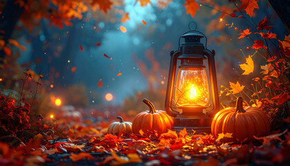 Glowing Lantern with Burning Candle Surrounded by Autumn Leaves and Pumpkins on Forest Ground, Cozy Fall Atmosphere, Warm Seasonal Decoration for Halloween and Thanksgiving Festive Celebration