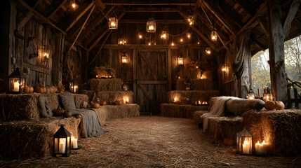 Fototapeta premium Barnyard scene with haystack centerpiece and glowing lanterns, Rembrandt lighting golden tones, panoramic wide-angle view, triadic autumn palette, 