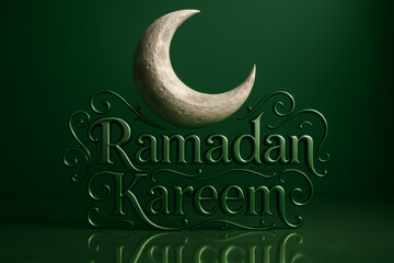 Obraz premium Ramadan kareem moon and 3d decorative letter | 3d golden letter Ramadan Kareem poster against a green background with moon