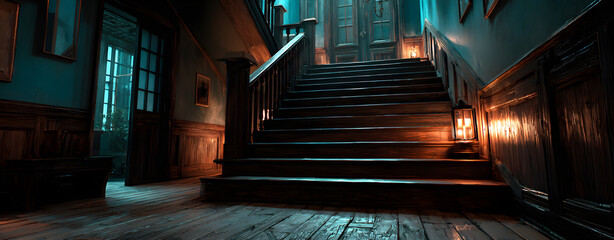 Broken haunted mansion staircase lit by lantern, low-key dramatic light with shadows, wide-angle composition, complementary cyan-orange palette, coarse timber textures