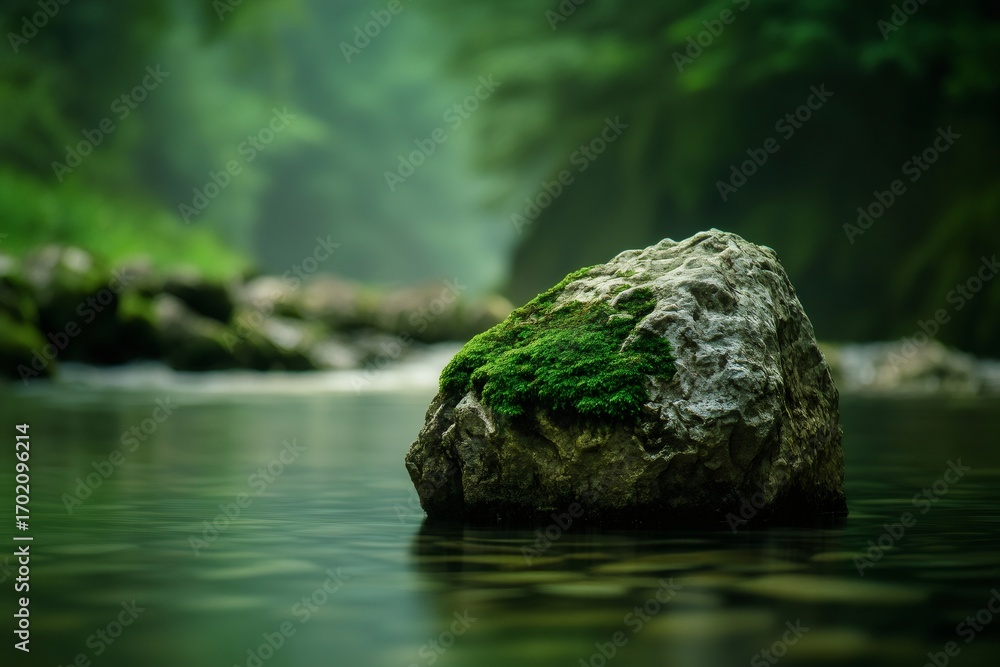 Poster moss growing on a rock partially submerged in a calm river flowing through a green forest, creating 
