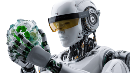 Technological Guardian: A cutting-edge robot gazes upon a shimmering globe composed of recycled materials, symbolizing the intersection of innovation and environmental stewardship.