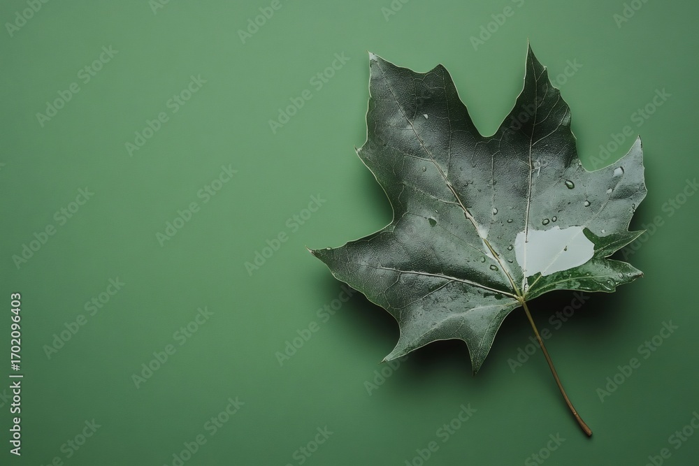 Poster Large wet maple leaf resting on a vibrant green background, creating a simple yet elegant natural scene