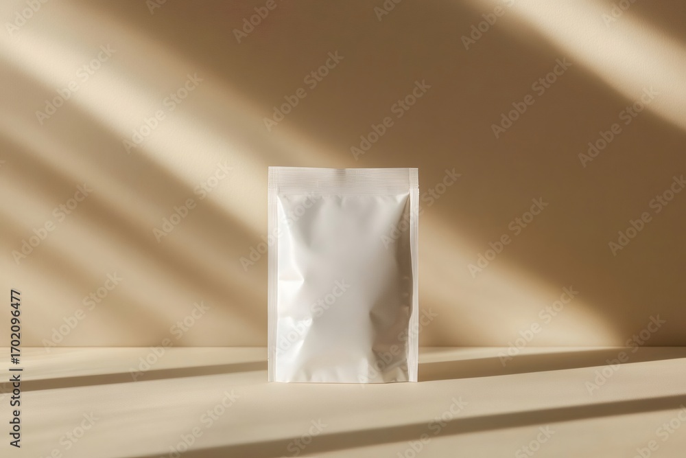 Poster minimalist shot of a blank white doypack pouch standing on a beige surface, illuminated by natural w
