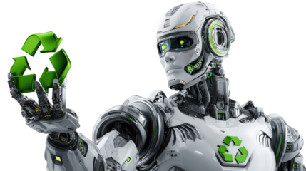 Robot Advocate for Eco-Friendly Action: An advanced robotic figure, embodying futuristic technology, proudly displays a recyclable symbol, promoting sustainability and environmental consciousness.
