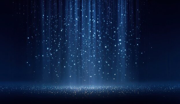 Dark blue backdrop, light beams, glitter particles