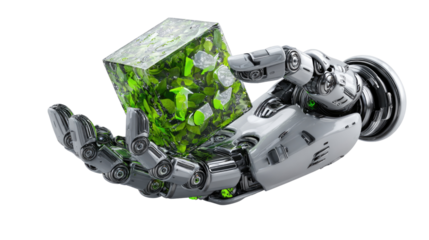 Robot Hand Holding Green Cube: A futuristic, metallic robot hand delicately cradles a glowing green cube, the core concept of technology and growth, a symbol of innovation and sustainable progress. 