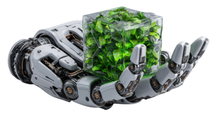 Robotic Hand's Eco-Innovation: A futuristic robotic hand tenderly cradles a transparent cube brimming with vibrant greenery.