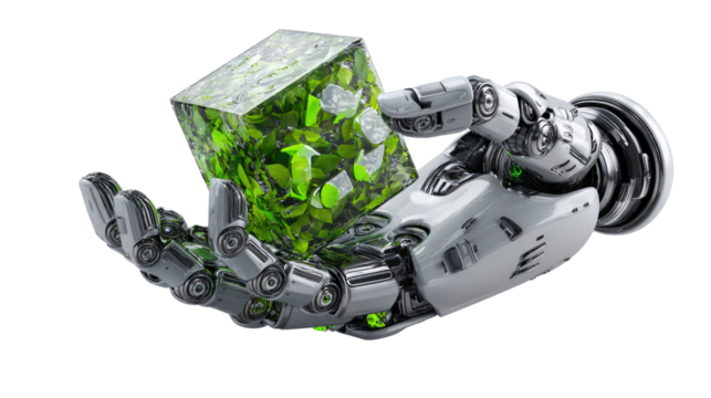Robot Hand Holding Green Cube: A futuristic, metallic robot hand delicately cradles a glowing green cube, the core concept of technology and growth, a symbol of innovation and sustainable progress. 