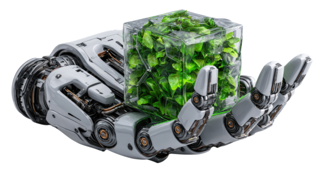 Robotic Hand's Eco-Innovation: A futuristic robotic hand tenderly cradles a transparent cube brimming with vibrant greenery.