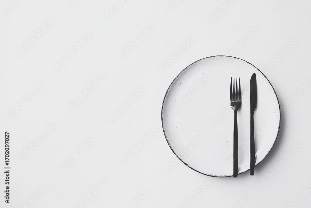 Poster minimal table setting with empty plate, fork and knife on white background, representing the concept