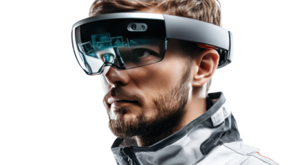 Future Gaze: A man wearing futuristic glasses, gazes into the future with technological innovation in a close-up shot.