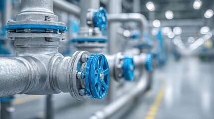 Industrial Pipeline System with Valves: Close-Up View of Metallic Piping and Control Mechanisms