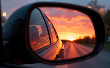 Sunset Reflected in a Rain-Covered Car Mirror. High quality