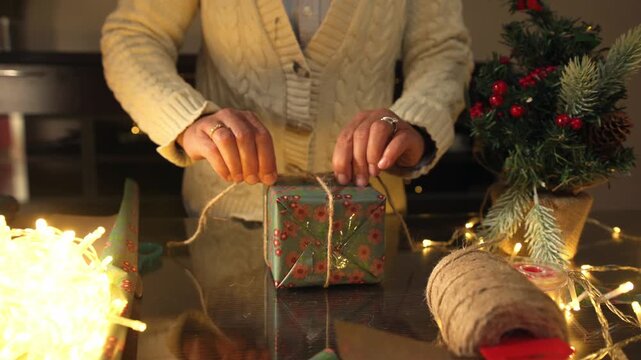 Close-Up of Hands Wrapping a Festive Gift with Seasonal Decorations