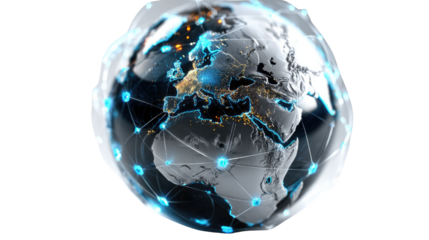 Global Connection: A digitally rendered, semi-transparent Earth globe showcases intricate, illuminated data networks, emphasizing global connectivity and the seamless exchange of information.