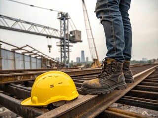 Fototapeta premium Construction worker’s boots steadfast on steel beams with yellow safety helmet nearby industrial site closeup view safety and stability concept