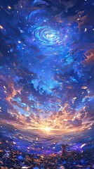 A mystical sky with swirling blue patterns and a radiant sunset over a forested landscape