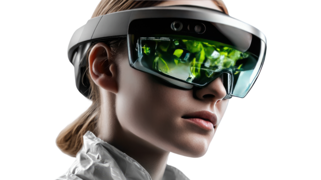 Visionary Augmented Reality: A person is wearing futuristic glasses, seamlessly blends the physical world with digital information, creating an immersive and interactive experience. 