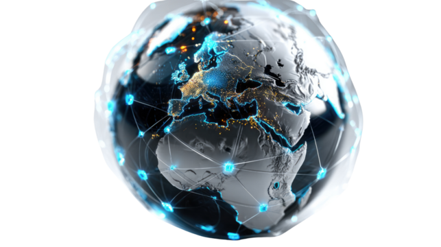 Global Connection: A digitally rendered, semi-transparent Earth globe showcases intricate, illuminated data networks, emphasizing global connectivity and the seamless exchange of information.