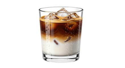 Glass of iced latte coffee with milk and ice cubes.