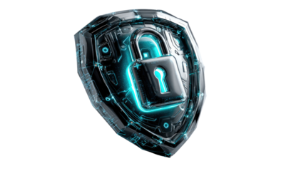 Digital Shield: a close-up shot a digital shield icon, featuring a lock at its center, that symbolizes cyber security and protection. Showcasing a secure digital realm and online safety.