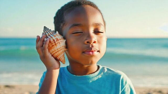 Child listening to a shell.