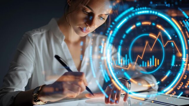 Visionary Data Analyst: An expert woman studies intricate financial charts, embodying the sharp focus of a data analyst in a cutting-edge setting, poised to decipher complex data insights.