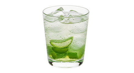 Refreshing aloe vera drink with ice cubes in a clear glass.
