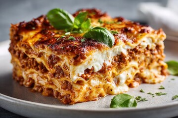 Close-up shot of a perfectly cooked lasagna slice, garnished with fresh basil on a plate