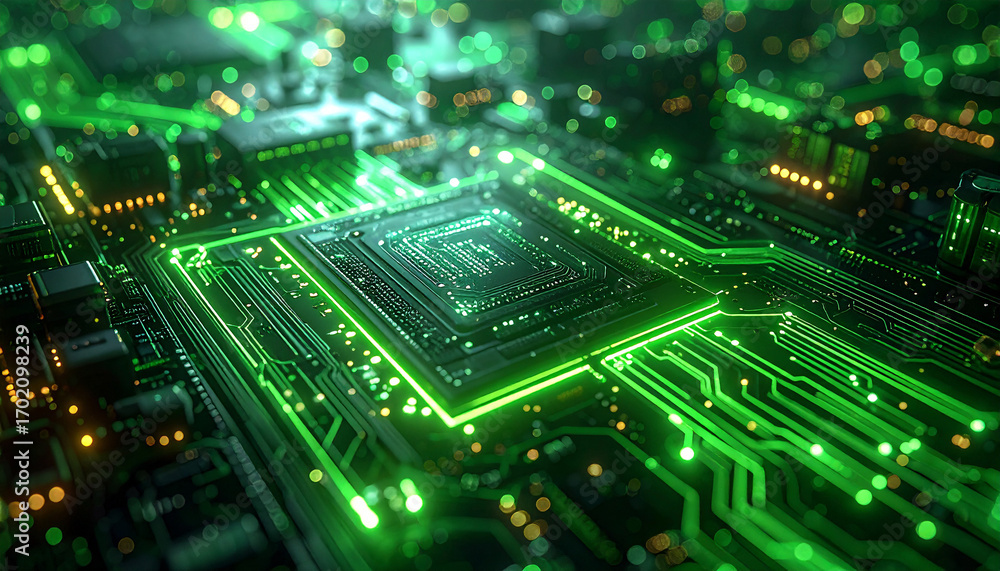 Poster circuit board illuminated: a close-up of a cutting-edge circuit board, intricately illuminated with 