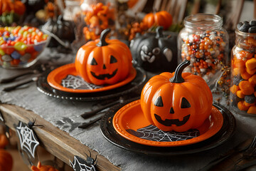 Halloween festive dinner table decorated with smiling jack-o’-lanterns, candy bowls, orange and black plates, playful spiderweb. 