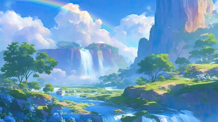 Serene Landscape with Waterfalls and Rainbow
