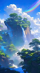 Serene Mountain Landscape with Waterfalls and Rainbow