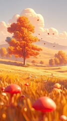 Autumn Landscape with Red Mushrooms and a Vibrant Orange Tree